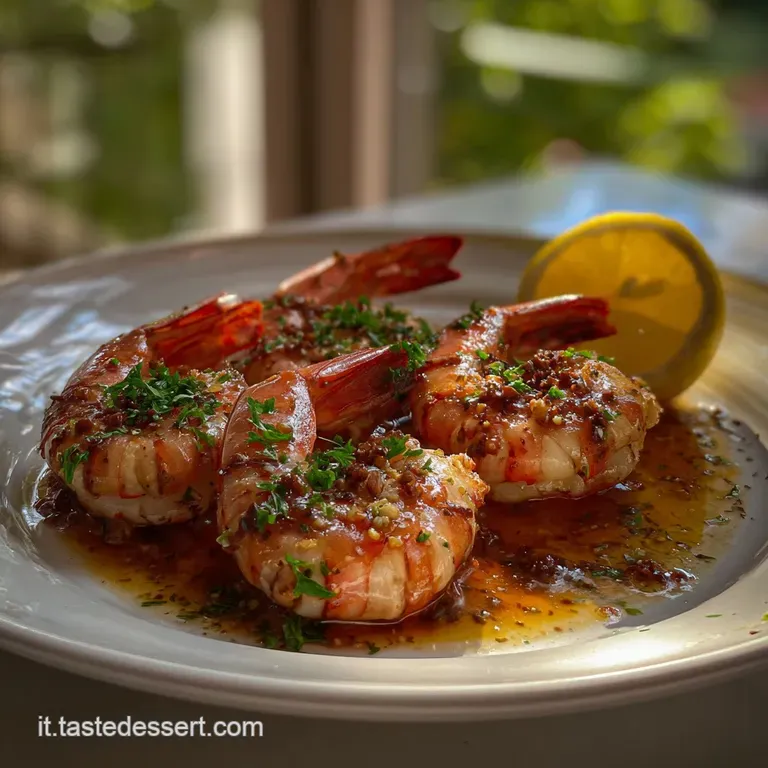 Elegant plate of sizzling prawns, vibrant orange and pink hues. Garnished with fresh parsley and a drizzle of olive oil, i...