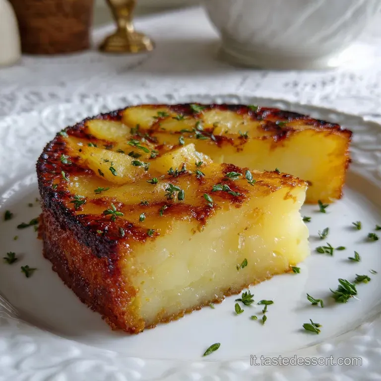 Slice of golden potato gateau on a white plate. Steam gently rises. Fresh parsley sprig adds a pop of green and freshness.