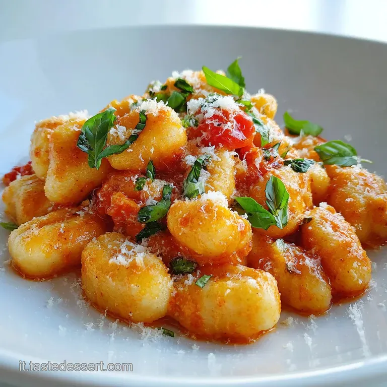 Gnocchi alla Sorrentina in a white bowl, steam rising, mozzarella browned in spots, garnished with basil and a drizzle of ...