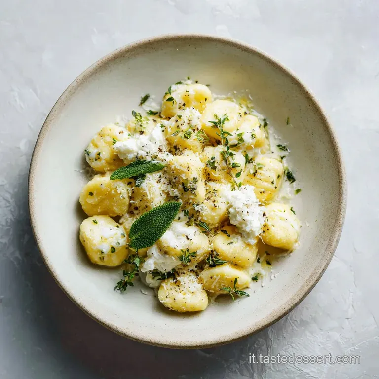 Delicate ricotta gnocchi arranged artfully on a white plate, sauced and garnished with fresh basil. A restaurant-worthy It...