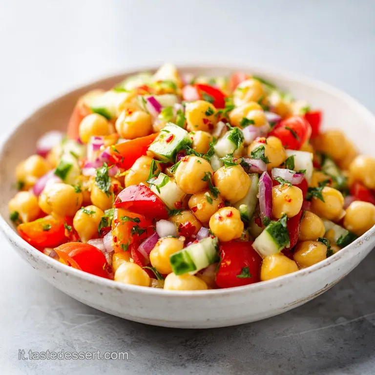 Elegant chickpea salad plated: bright chickpeas nestled amongst herbs and peppers, drizzled with oil, creating a light, fr...