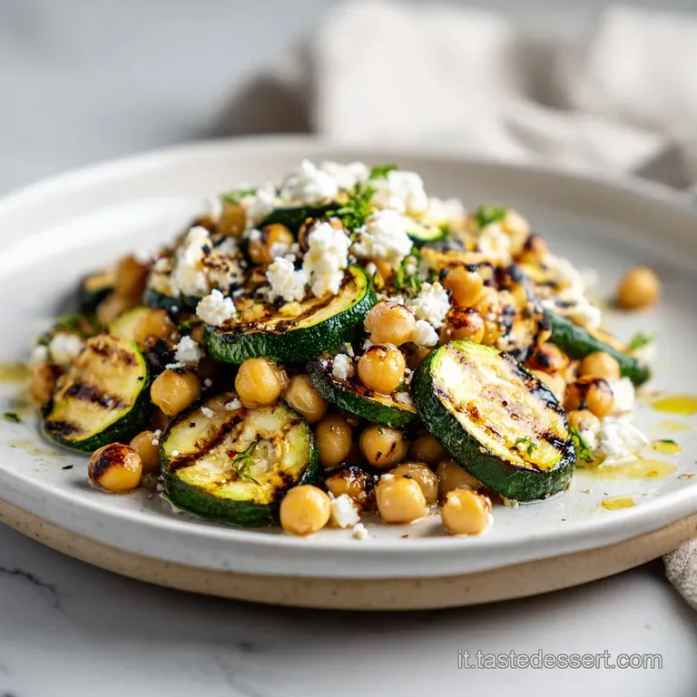 Artfully plated salad featuring grilled zucchini ribbons, crumbled feta, and bright chickpeas, drizzled with a light dress...