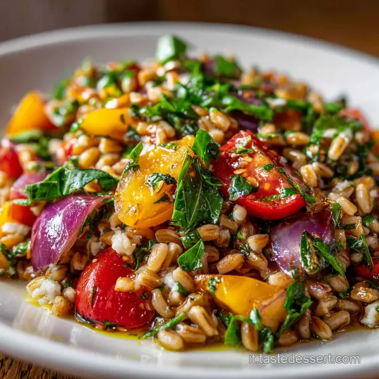 Close-up of a plated farro salad: pearly grains intermingling with bright veggies, herbs, and a light, silky dressing.