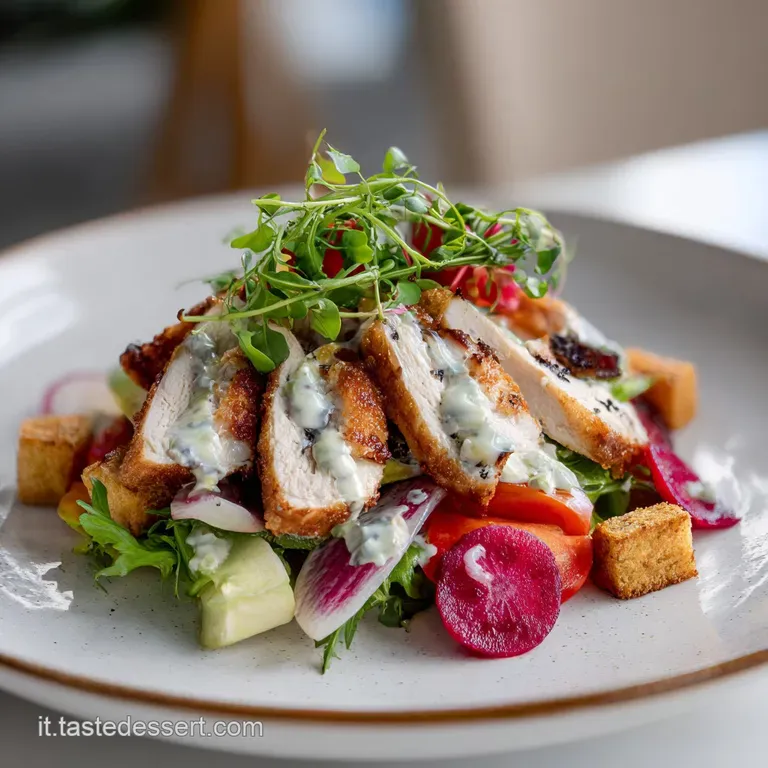 Elegant plate of creamy chicken salad with bright greens and juicy tomatoes; a colorful and appetizing lunch option.