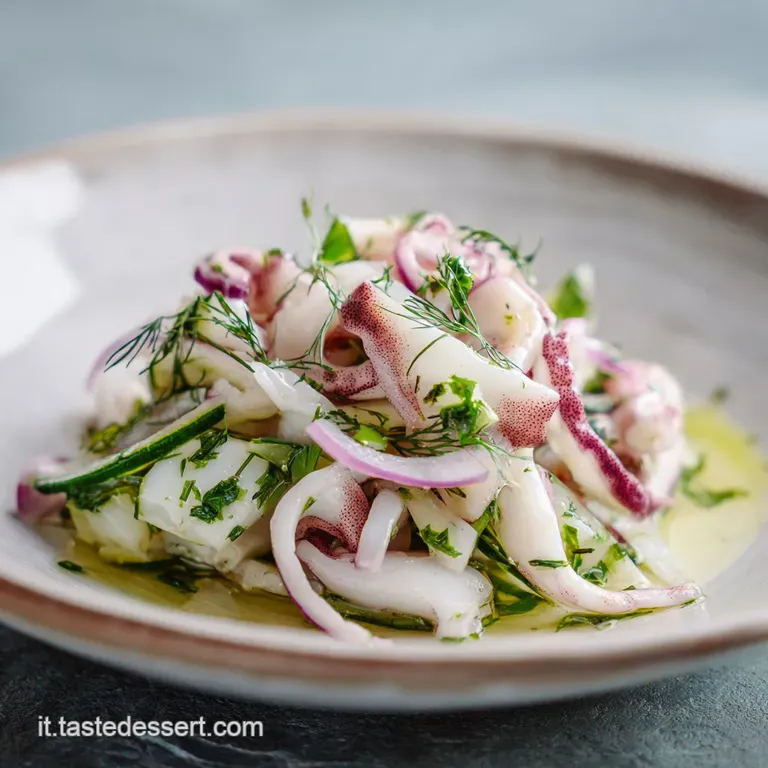 A beautifully plated cuttlefish salad: tender seafood, verdant herbs, and a drizzle of golden olive oil on a white plate.