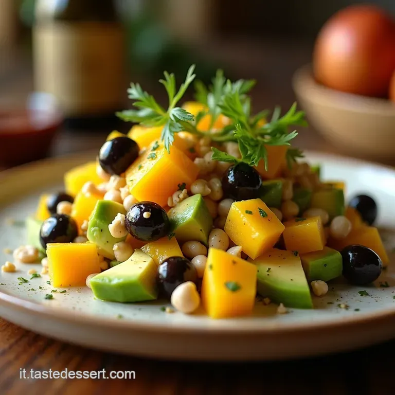 Esotica Freschezza Insalata Di Mango Maturo Avocado Cremoso E Olive Nere Taggiasche presentation