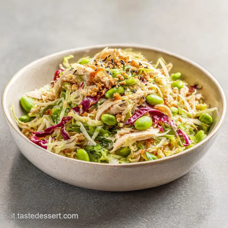 Elegant plating: Tender chicken salad artfully arranged on a white plate, garnished with toasted sesame seeds and scallions.