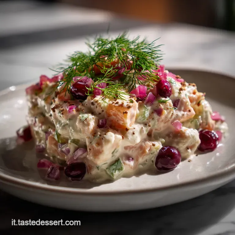 Elegant serving of Insalata Russa, the creamy texture contrasting with the crispness of the vegetables, garnished with par...