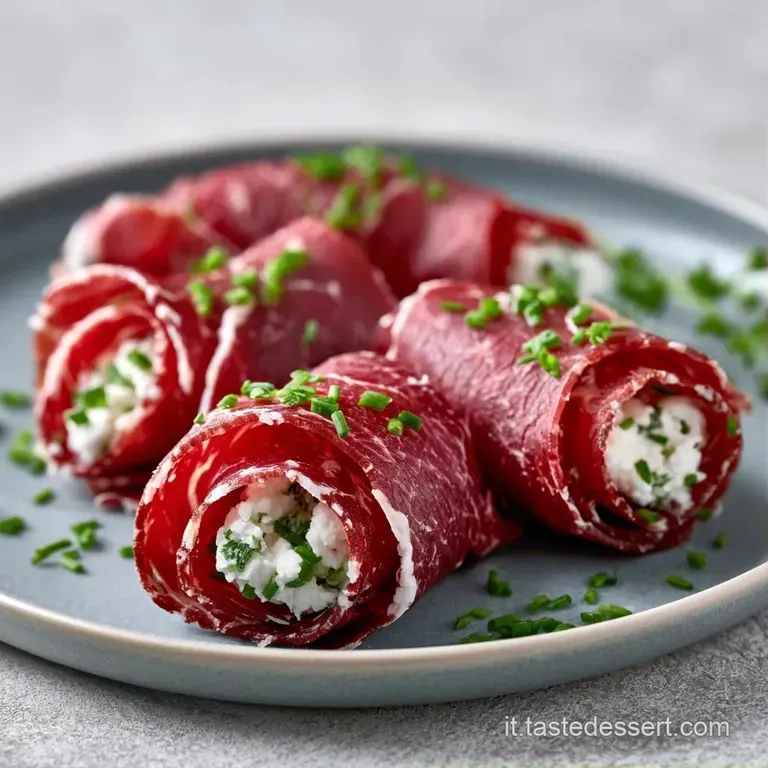 Rotolini di colore rosso rubino disposti con cura, con crema bianca sporgente e un tocco di verde su fondo chiaro.
