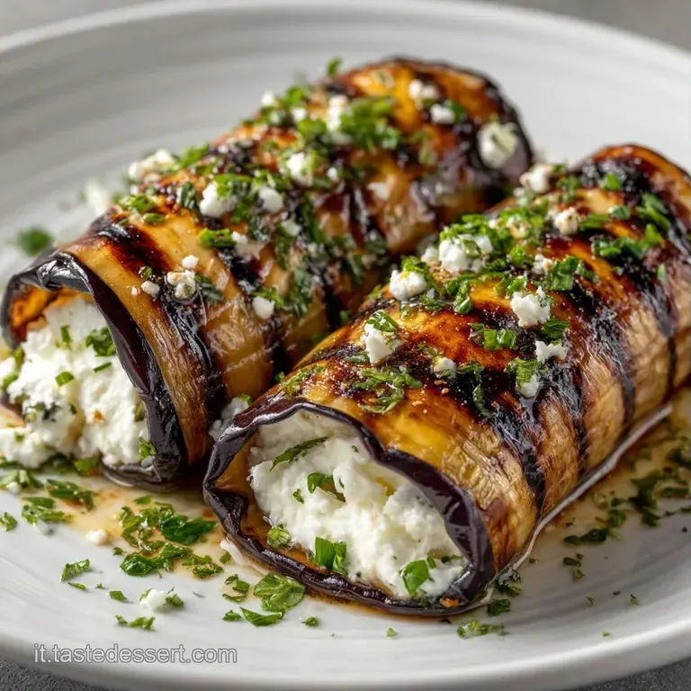 Involtini disposti con cura su un piatto bianco, decorati con gocce di salsa rossa e foglie di basilico verde fresco.