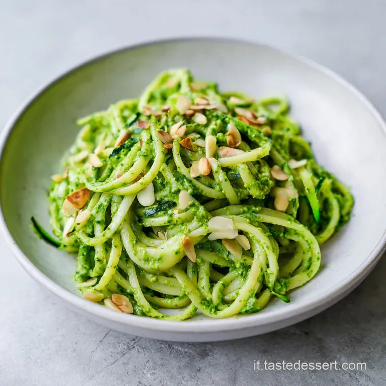 Un nido di pasta lunga avvolto in salsa verde vellutata, guarnito con mandorle croccanti e un filo d'olio dorato.