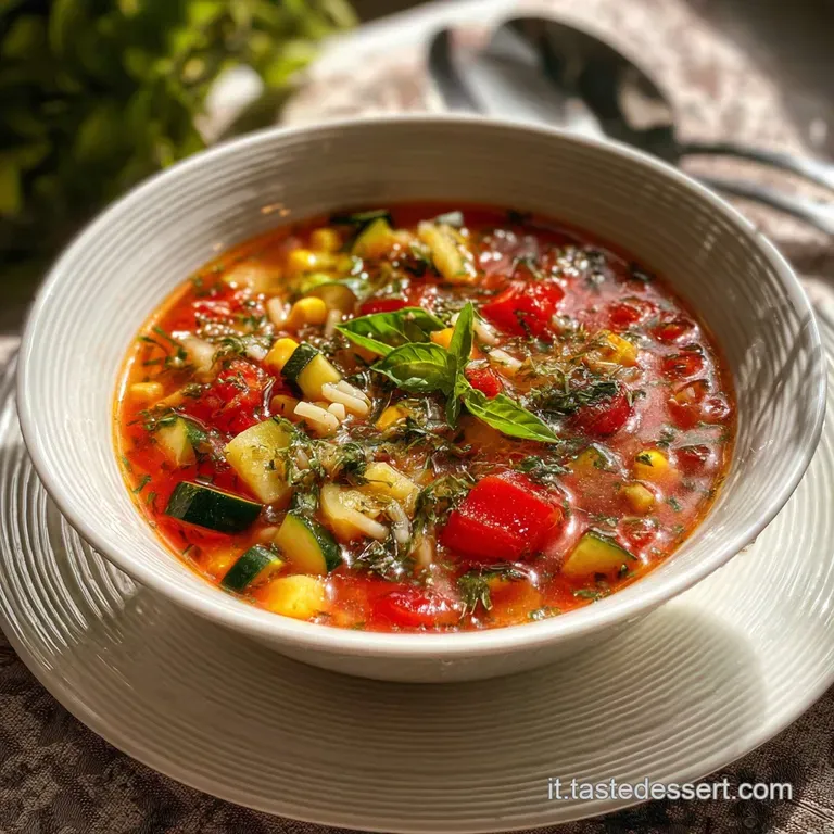 Elegant bowl of minestrone: colorful vegetables, pasta, and broth, topped with fresh basil leaves and a drizzle of olive oil.