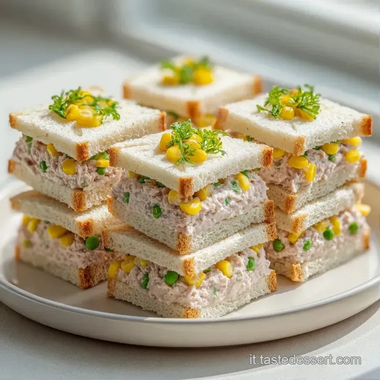 Mini panini senza crosta allineati con precisione su un piatto bianco, con contrasti di colori vivaci e freschi.