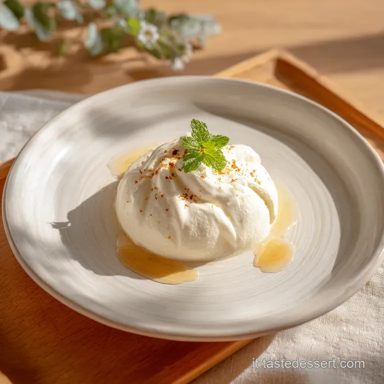 An elegant glass dish filled with pale, creamy apple mousse, crowned with a delicate pastry crisp.