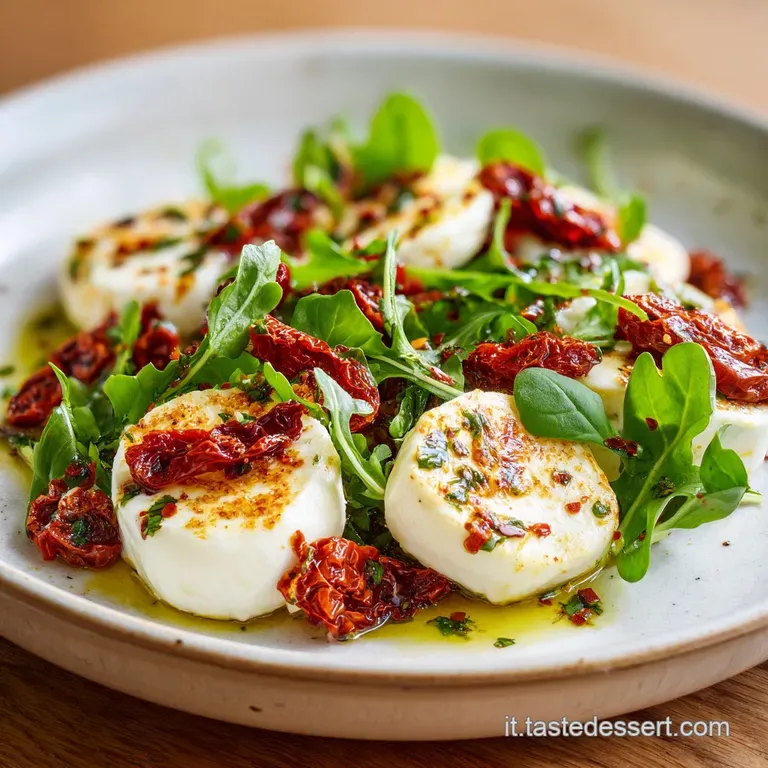 Elegant plate of salad featuring creamy mozzarella, juicy tomatoes, and fragrant basil, drizzled with olive oil.