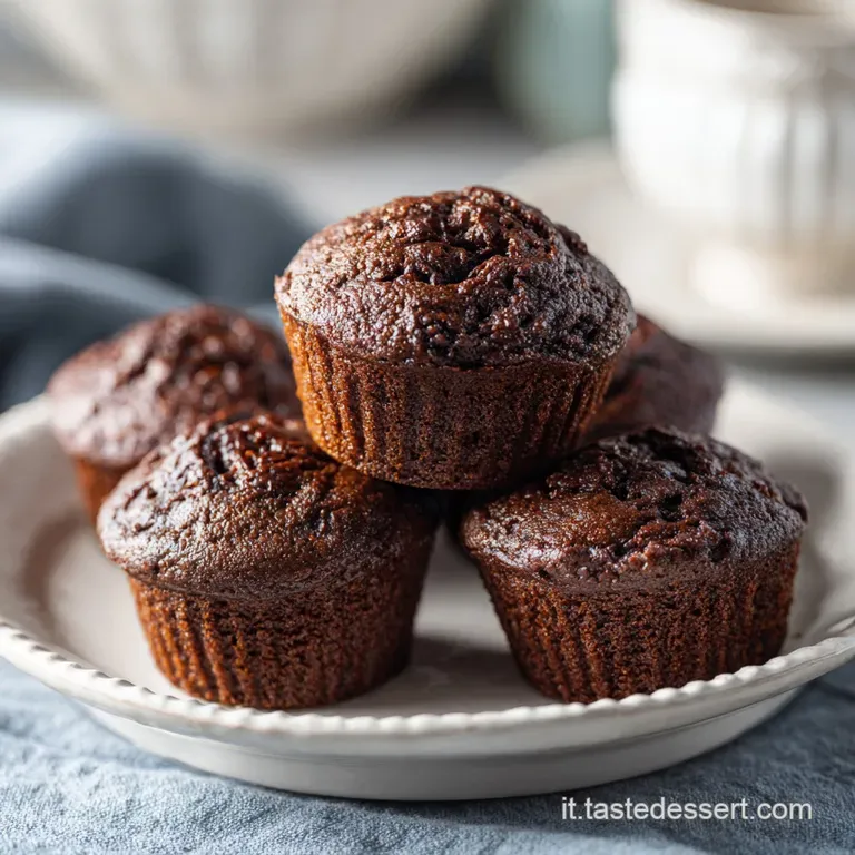 A single rich chocolate muffin, slightly cracked open to reveal a molten center, on a white plate.