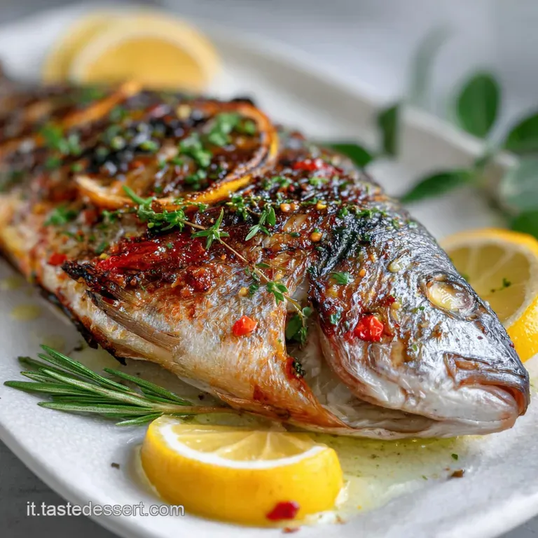 Flaky, white fish fillet with crispy skin atop tender potatoes, garnished with fresh herbs and a drizzle of lemon.