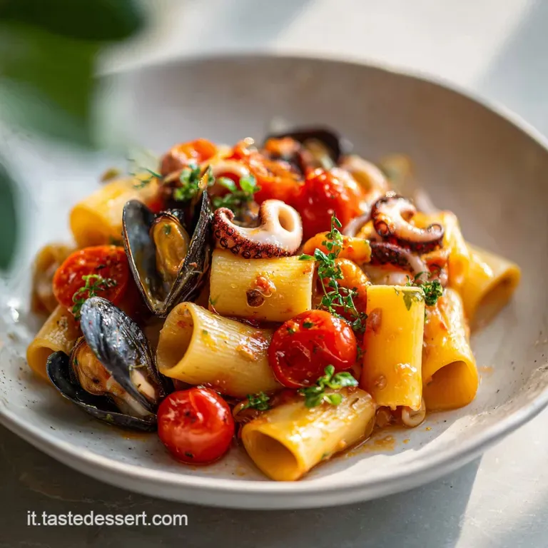 Elegant plating of paccheri pasta with plump mussels and calamaretti, drizzled with olive oil and garnished with fresh herbs.
