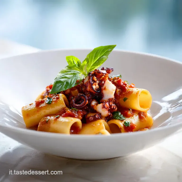 Plated paccheri rag&ugrave; showcasing tender octopus tentacles, glistening sauce, and a sprinkle of parsley