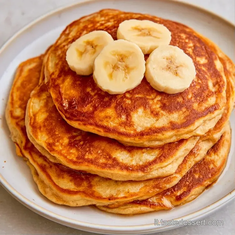 Pancake spugnosi su un piatto bianco, decorati con mirtilli blu, fette di banana e una spolverata di zucchero a velo.