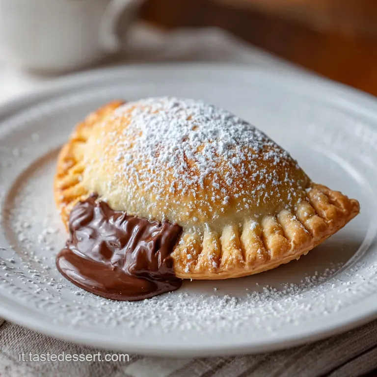 Warm, glistening panzerotti arranged on a white plate, Nutella glistening. Airy, puffy dough sprinkled with confectioner's...