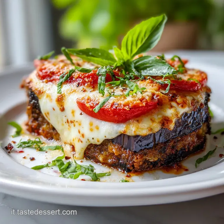 Slice of eggplant parm on a white plate, garnished with fresh basil. Cheesy layers and rich red sauce create an inviting l...