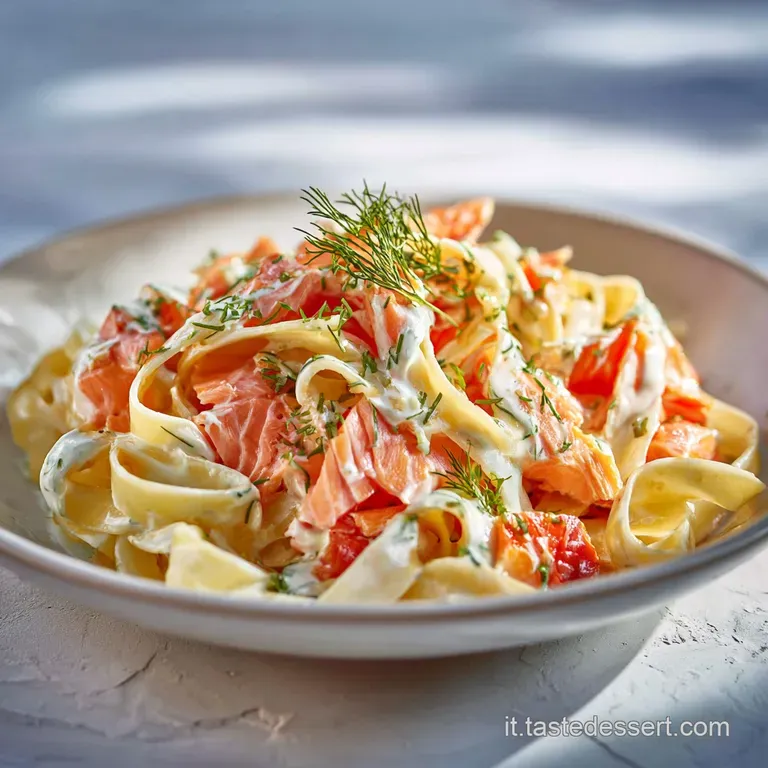 A vibrant swirl of pasta and salmon, artfully plated with a scattering of fresh dill and a lemon wedge.
