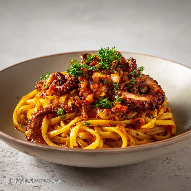 A steaming bowl of pasta with tender octopus, artfully arranged with a sprinkle of fresh herbs.