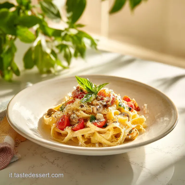 Elegant plate of pasta with rich, creamy sauce. Mushrooms nestle among strands, dusted with fresh herbs. Tempting and flav...