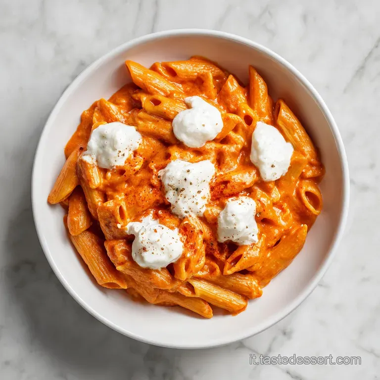 Composizione curata di pasta cremosa arancio su piatto bianco, con fiocchi di ricotta candida e un filo d'olio lucido.