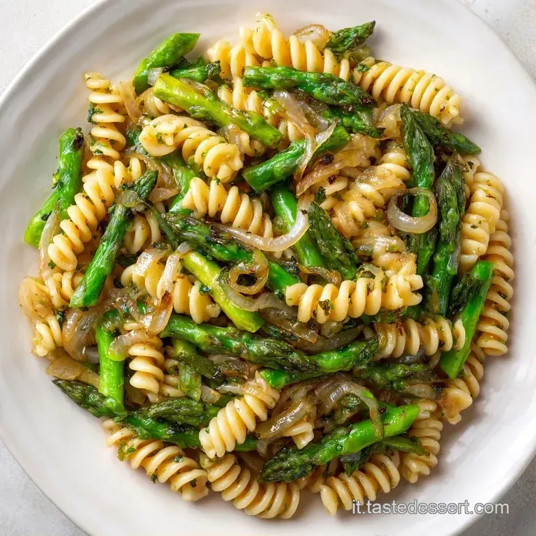 Elegante nido di pasta cremosa con asparagi teneri, scaglie di formaggio dorato e un tocco di pepe nero macinato.