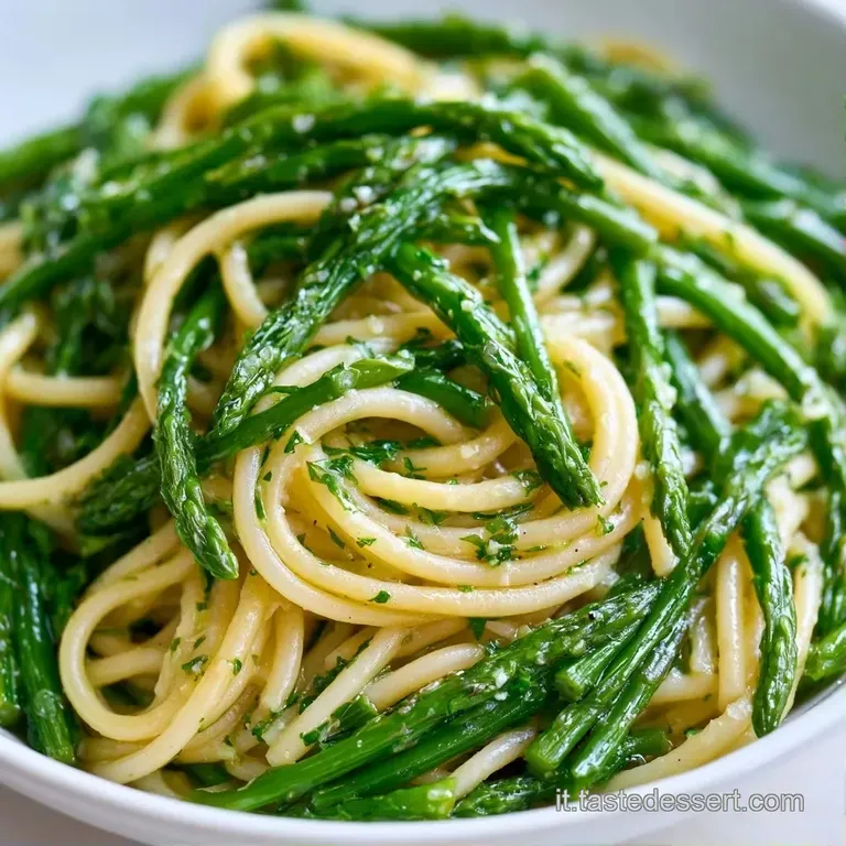 Nido di pasta con punte di asparagi verde bosco disposte con cura, contrasto tra il crema della pasta e il piatto bianco.
