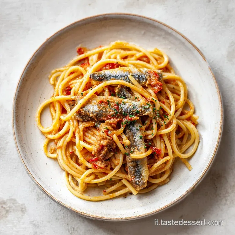 Plated pasta with sardines, showcasing vibrant green fennel, toasted breadcrumbs, and plump golden raisins.