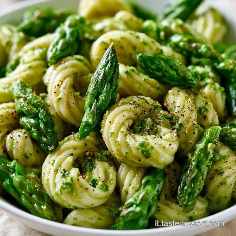 Piatto di ceramica bianca con spaghetti cremosi, asparagi teneri disposti a raggiera e scaglie di formaggio dorato.
