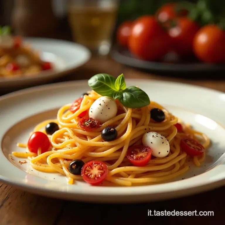 Odissea Estiva Pasta Fresca Con Pomodorini Del Vesuvio Mozzarella Filante E Olive Taggiasche presentation