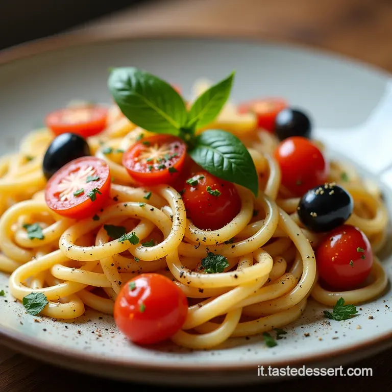 Odissea Estiva Pasta Fresca con Pomodorini del Vesuvio Mozzarella Filante e Olive Taggiasche