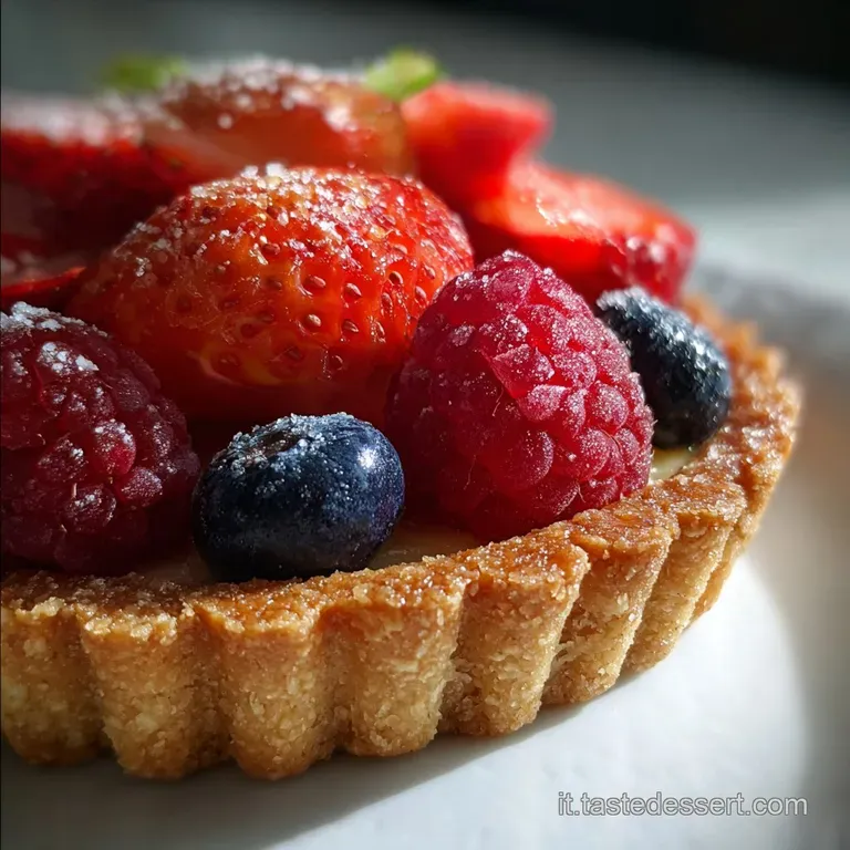 Slice of delicate tart with flaky pastry crust, filled with vibrant jam. A dusting of sugar adds a touch of sweetness and ...