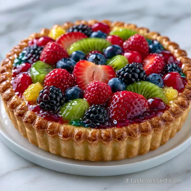 Fetta di crostata su piatto bianco con base friabile e frutta colorata, delicatamente spolverata di zucchero a velo.