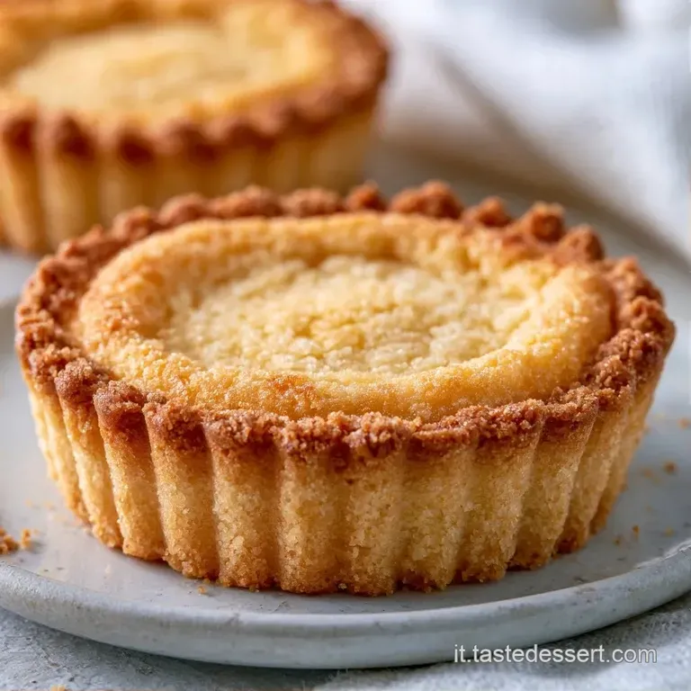 Un dessert dorato su piatto bianco, decorato con zucchero a velo bianco finissimo e un piccolo rametto di menta fresca.