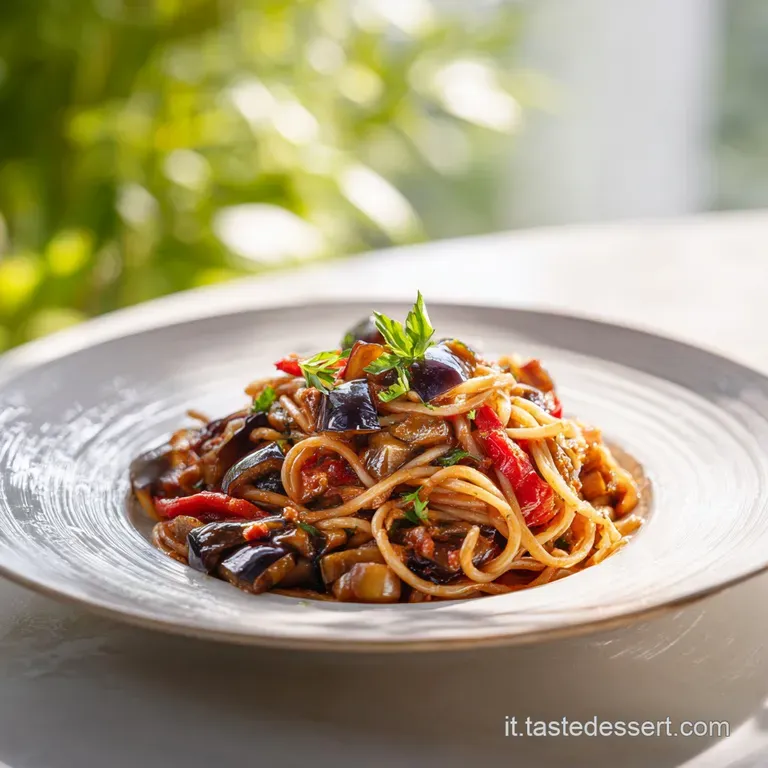 Twirled pasta nestles on a white plate, eggplant sauce clinging to each strand, topped with fresh basil and cheese.