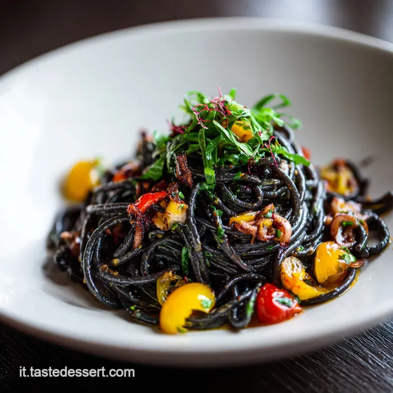 Elegant swirl of jet-black pasta artfully plated, contrasted by bright parsley sprigs and a dusting of coarse sea salt.