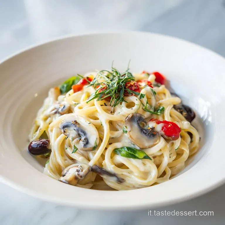 A generous swirl of panna e funghi pasta on a white plate, garnished with fresh herbs.