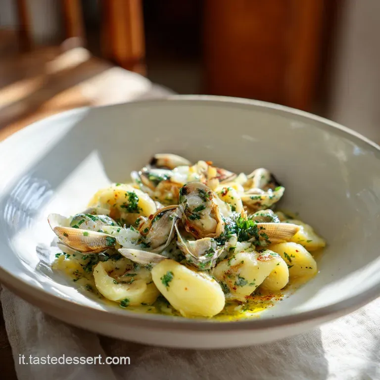 Elegant plate of pasta and clams, steam rising, a drizzle of olive oil and sprinkle of herbs finish the vibrant seafood dish.