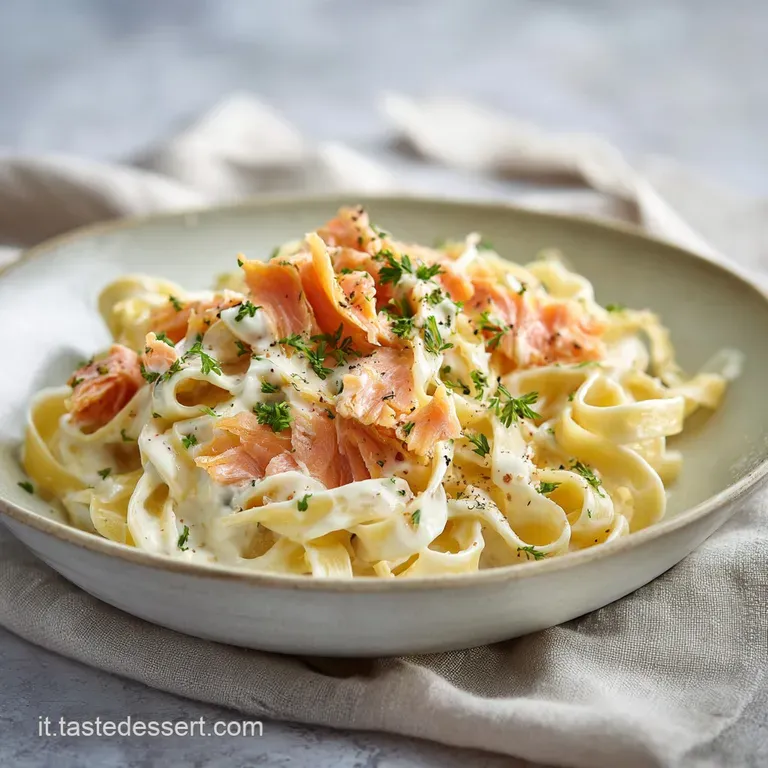 Elegant plate of pasta: creamy spirals embrace flaky salmon, dotted with vibrant dill. Steam rises, promising warmth.