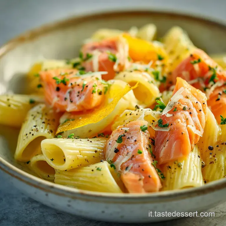 Elegant plate of glistening pasta tangled with salmon, topped with a lemon wedge and fresh greens, inviting to eat.