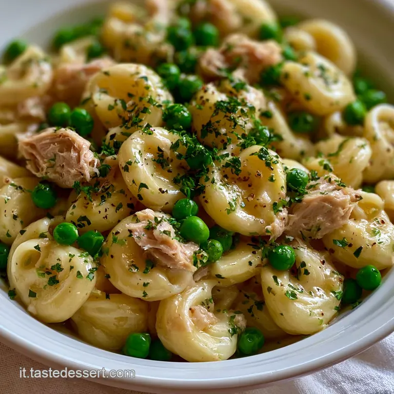 Pasta avvolta elegantemente con piselli turgidi e tonno, decorata con prezzemolo fresco e un filo d'olio dorato.