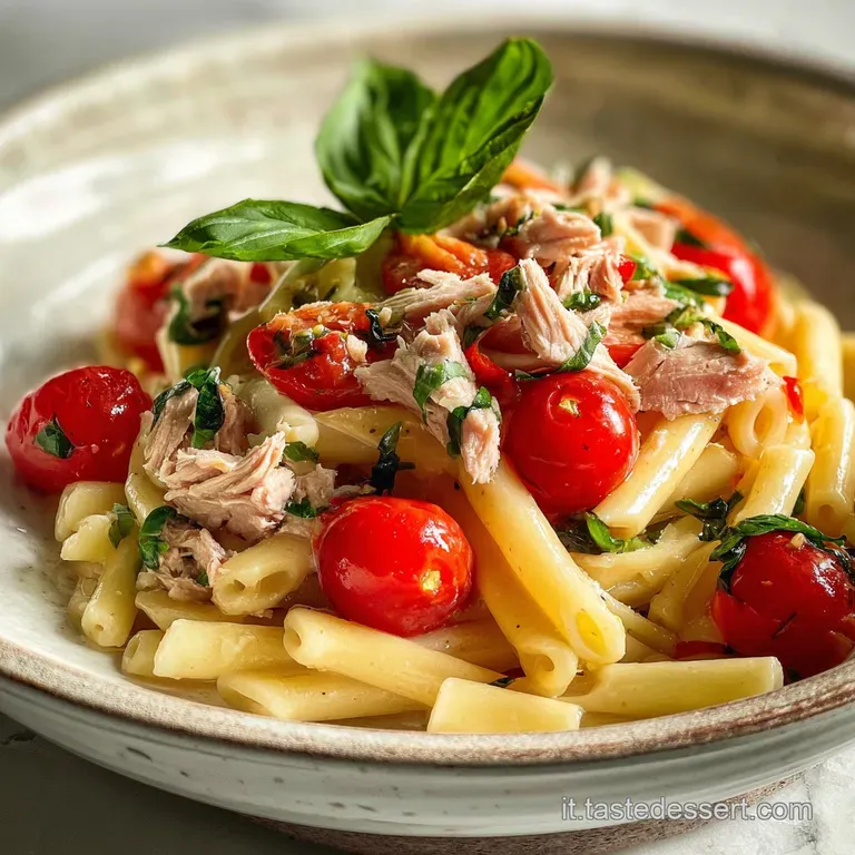 A perfectly twirled serving of pasta con tonno, elegantly arranged on a white plate with a scattering of fresh herbs.