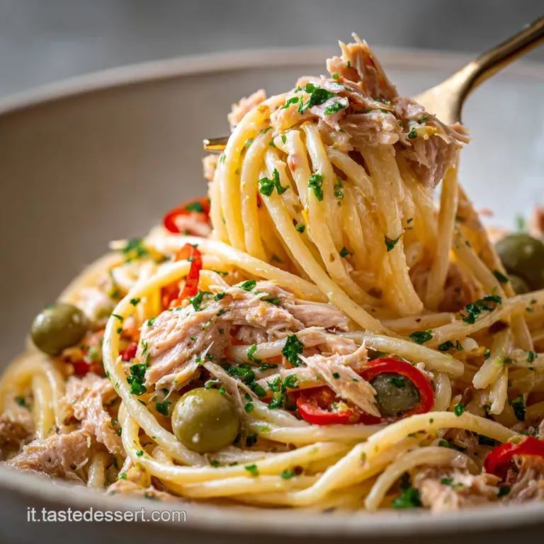 Plated pasta with tuna and olives. Hints of lemon zest brighten the dish, garnished with parsley, served on modern plate.