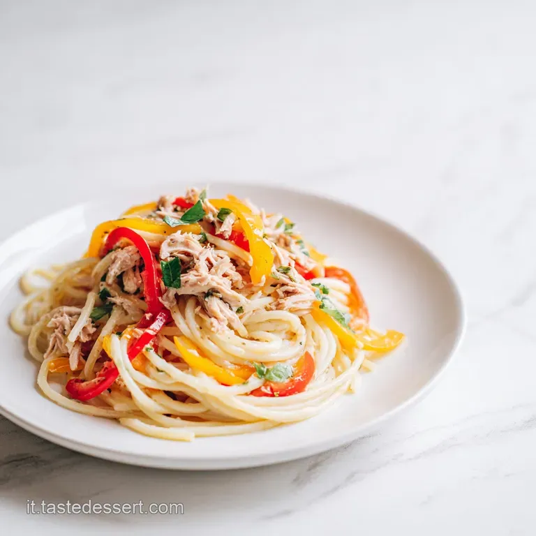 Perfectly twirled pasta strands coated in sauce, accented with vibrant bell peppers and tuna, served on a bright white plate.