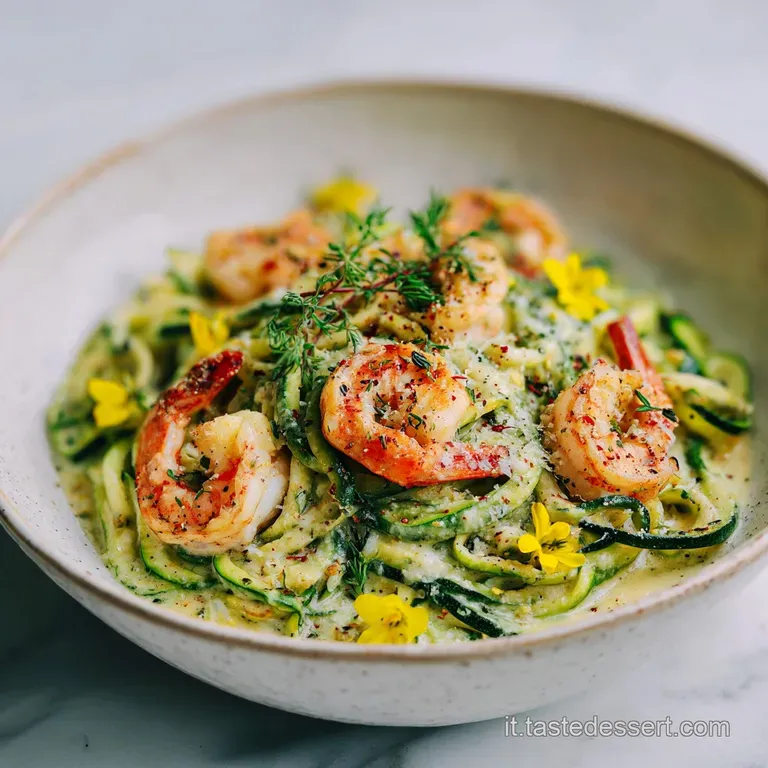 Elegant plate of twirled pasta showcasing tender shrimp and bright zucchini ribbons in a light sauce, finished with fresh ...